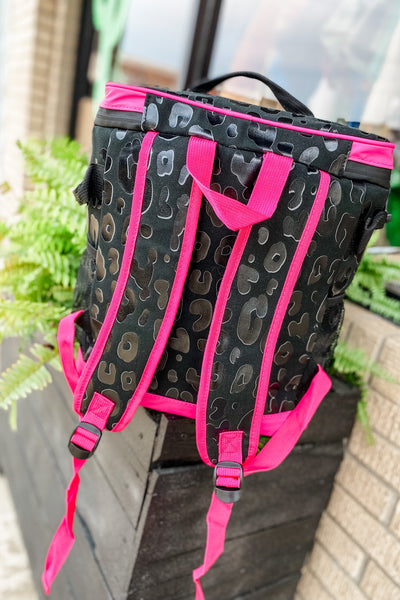 Black Leopard + Pink Backpack Cooler Bag