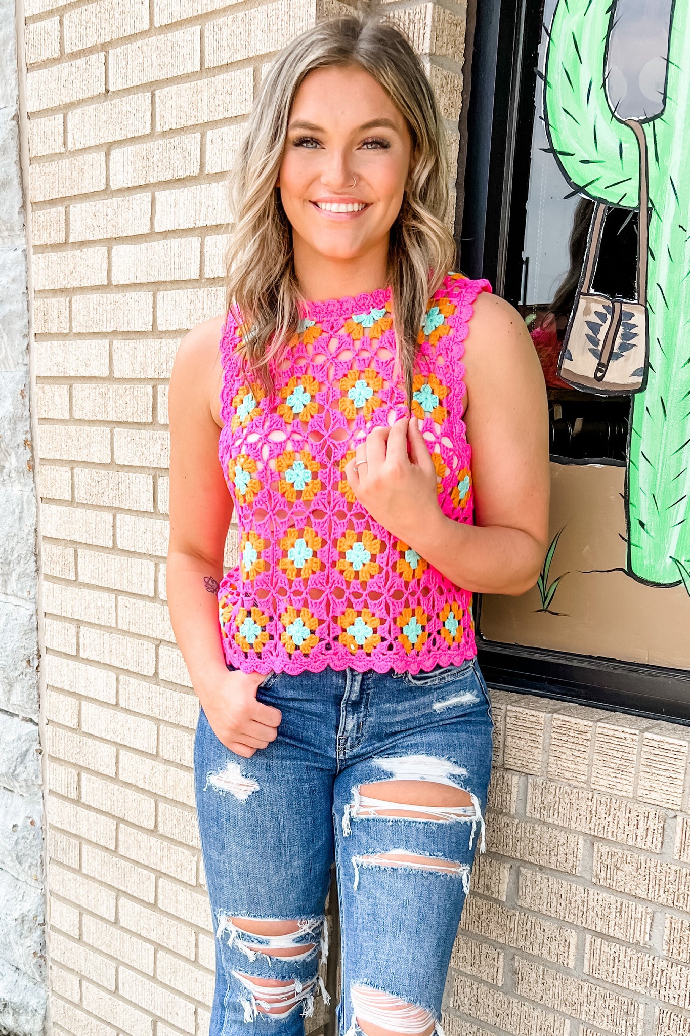 Neon Pink Floral Square Crochet Tank
