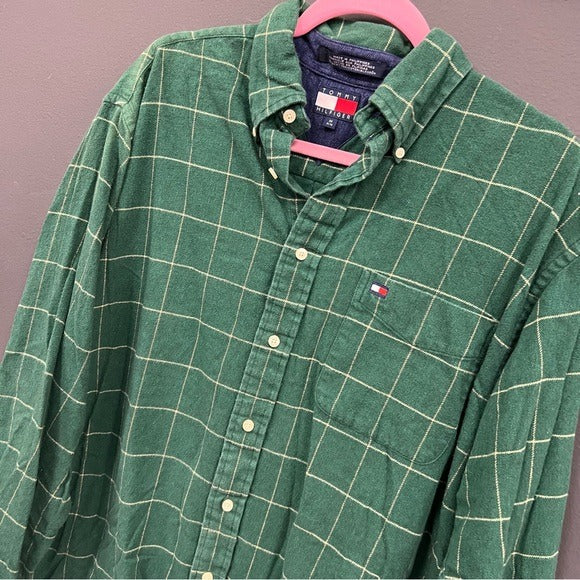 Tommy Hilfiger Green Plaid Flannel Button Down Top Men’s Size Medium