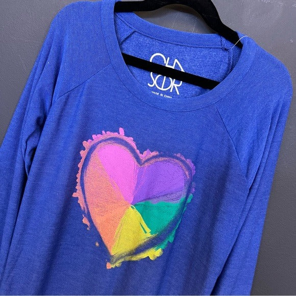 NWT Chaser Rainbow Heart Super Soft Baggy Blue Sweatshirt Girls Size 14