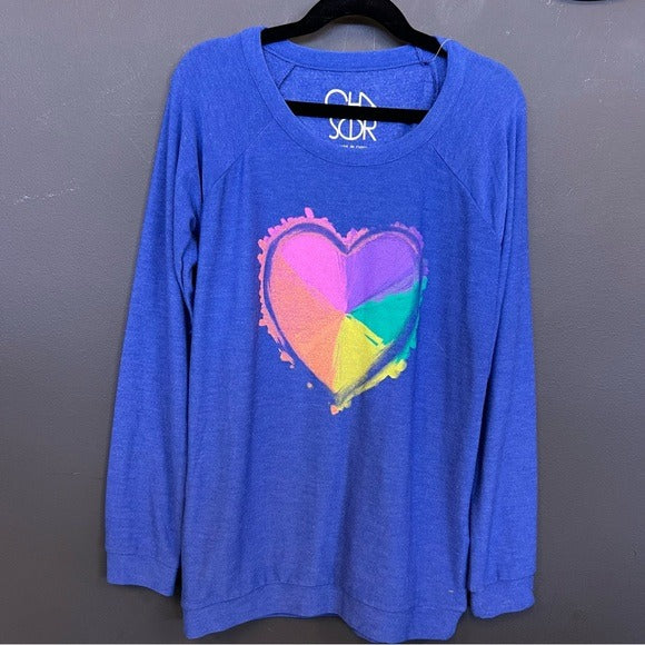 NWT Chaser Rainbow Heart Super Soft Baggy Blue Sweatshirt Girls Size 14