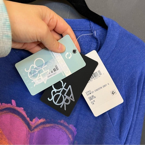 NWT Chaser Rainbow Heart Super Soft Baggy Blue Sweatshirt Girls Size 14