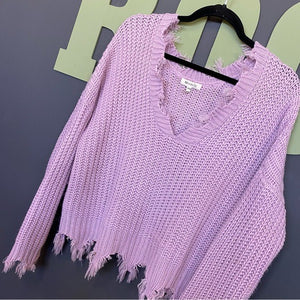 Purple V-Neck Frayed Sweater Size S/M