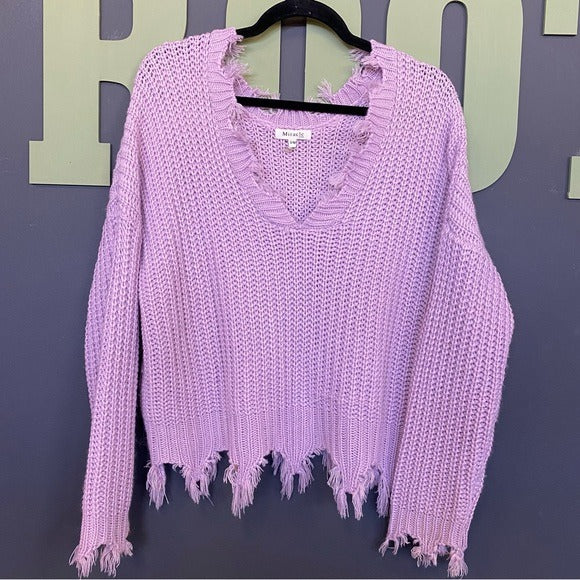 Purple V-Neck Frayed Sweater Size S/M