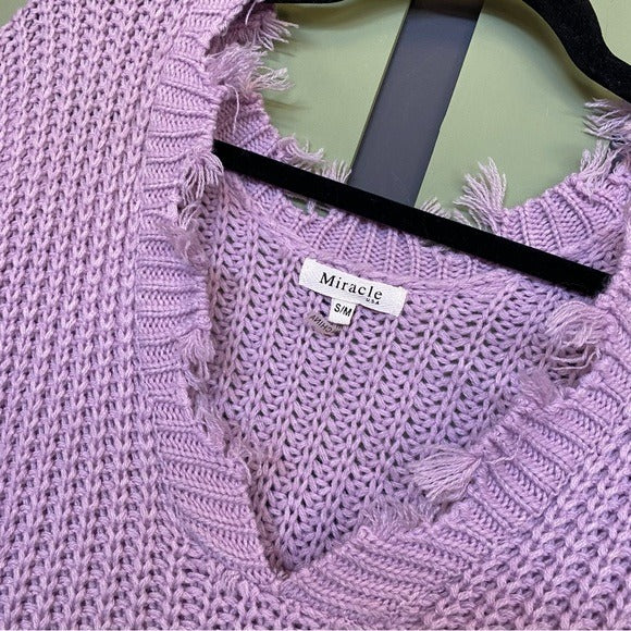 Purple V-Neck Frayed Sweater Size S/M