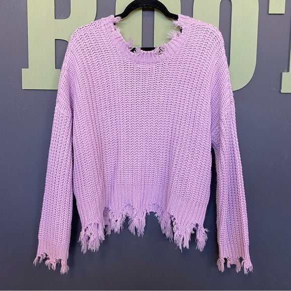 Purple V-Neck Frayed Sweater Size S/M