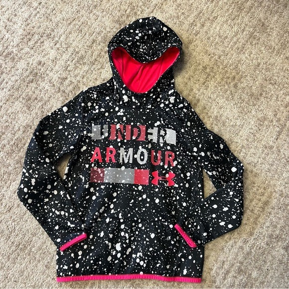 Under Armour Pink + Black Hooded Loose Fit Sweatshirt Size Youth Large