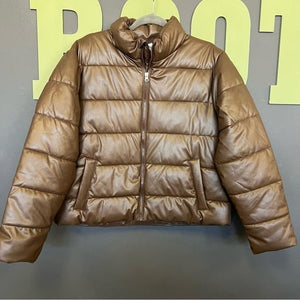 NWT Time & True Brown Faux Leather Puffer Coat Size Large