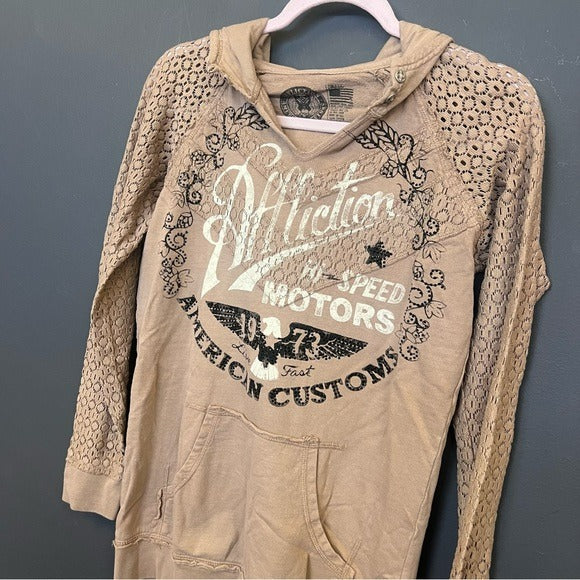 Affliction American Customs Fast Times Hooded Long Sleeve Top Size Small