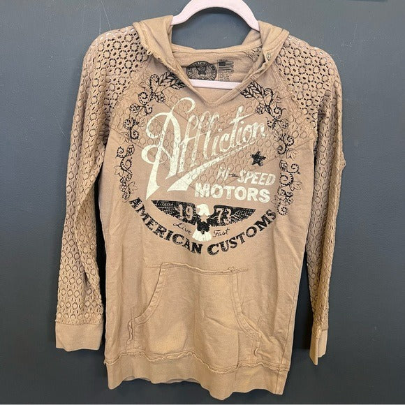 Affliction American Customs Fast Times Hooded Long Sleeve Top Size Small