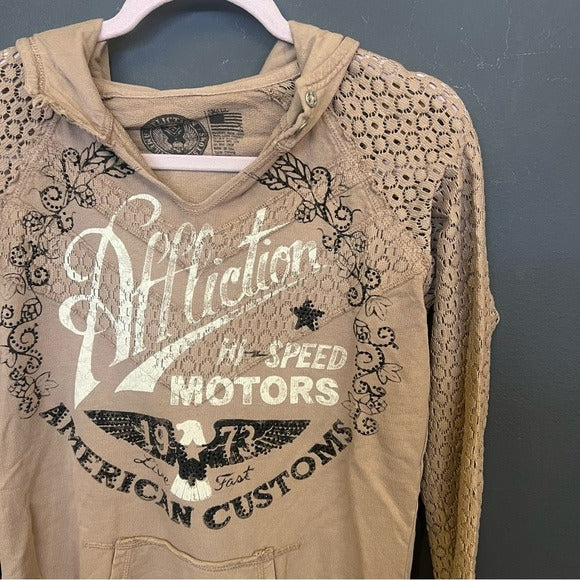 Affliction American Customs Fast Times Hooded Long Sleeve Top Size Small
