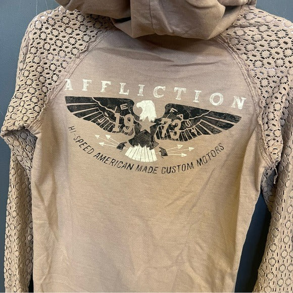 Affliction American Customs Fast Times Hooded Long Sleeve Top Size Small