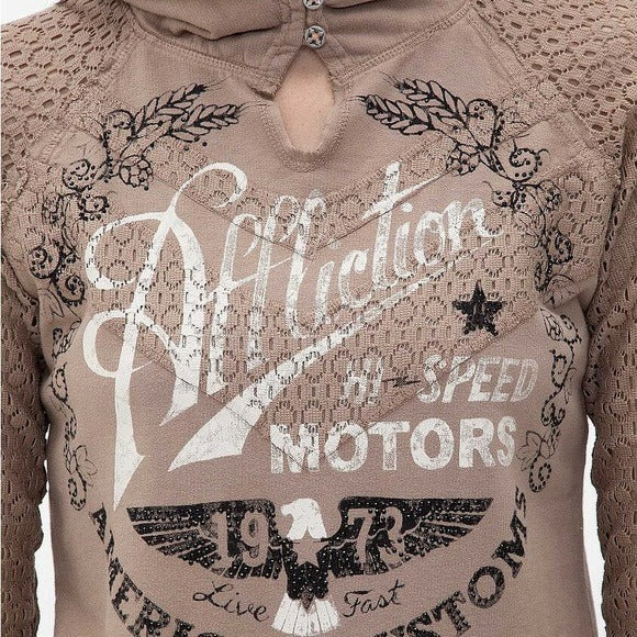 Affliction American Customs Fast Times Hooded Long Sleeve Top Size Small