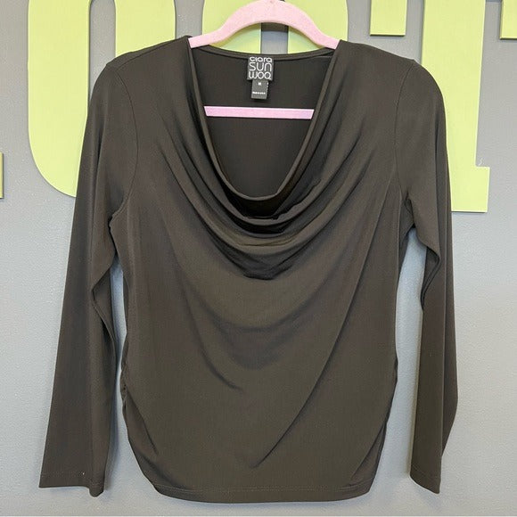 Clara Sunwoo Black Scoop Neck 3/4 Length Sleeve Ruched Side Blouse Medium