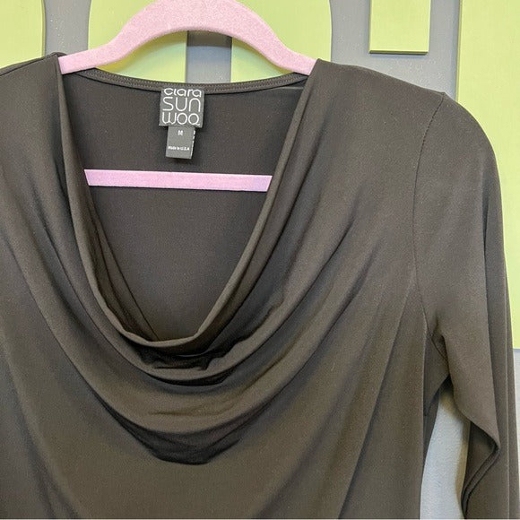 Clara Sunwoo Black Scoop Neck 3/4 Length Sleeve Ruched Side Blouse Medium