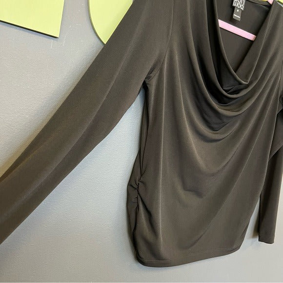 Clara Sunwoo Black Scoop Neck 3/4 Length Sleeve Ruched Side Blouse Medium