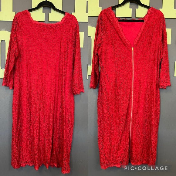 NWT Club L Red Lace Full Zip Back Lace Midi Dress Size 22