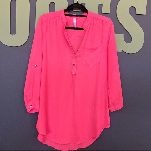 Lovesong Hot Pink Chiffon Quarter Button Long Sleeve Blouse Large