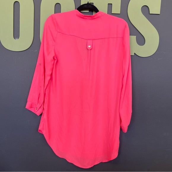 Lovesong Hot Pink Chiffon Quarter Button Long Sleeve Blouse Large