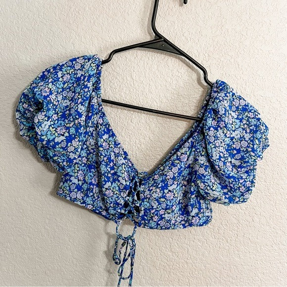 Wild Fable Royal Blue Floral Crop Top Bubble Sleeves Size Small