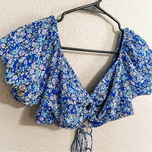 Wild Fable Royal Blue Floral Crop Top Bubble Sleeves Size Small