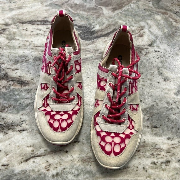 Coach Pink Logo Lace Up Sneakers Shoes Size 8.5