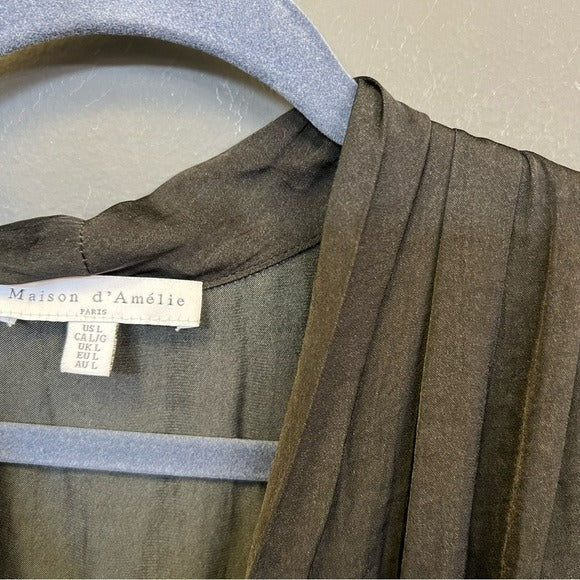 Maison D’Amelie Black Satin V-Neck Blouse Large