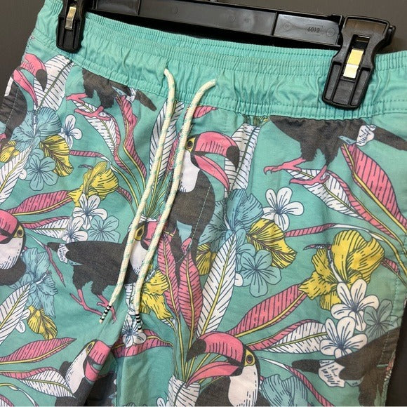 Toucan Floral Print Swim Trunks Lined Size Small