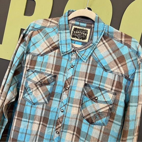 BKE Vintage Athletic Fit Blue + Brown Pearl Snap Button Down Top XL