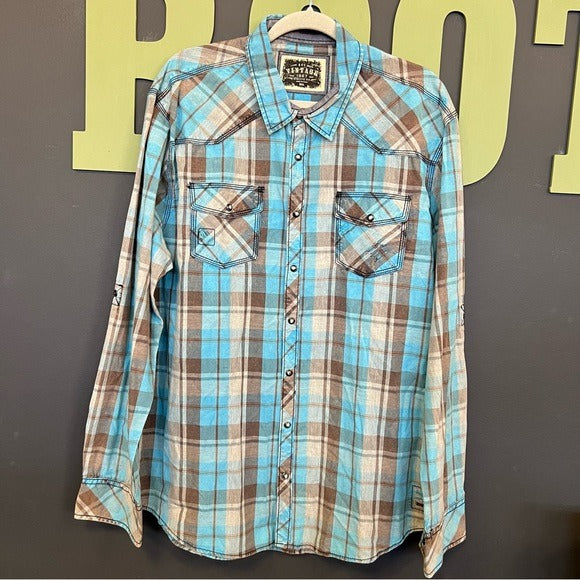 BKE Vintage Athletic Fit Blue + Brown Pearl Snap Button Down Top XL