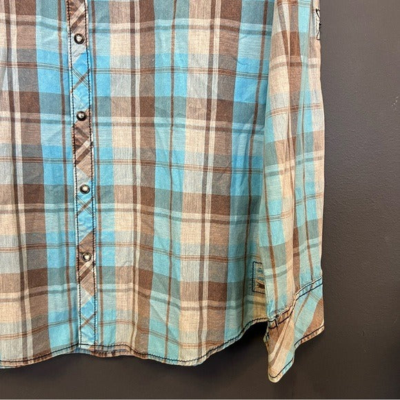 BKE Vintage Athletic Fit Blue + Brown Pearl Snap Button Down Top XL