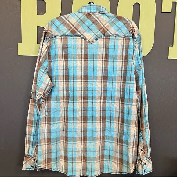 BKE Vintage Athletic Fit Blue + Brown Pearl Snap Button Down Top XL