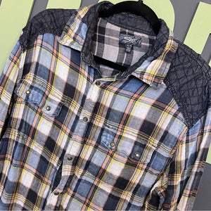 Silver Jeans Pearl Snap Plaid Flannel Button Down Shirt Quilted Shoulders XL