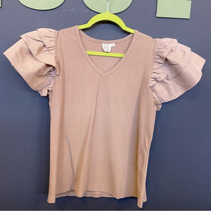 Grace + Emma Boutique Flutter Sleeve V-Neck Tan Ribbed Blouse Small