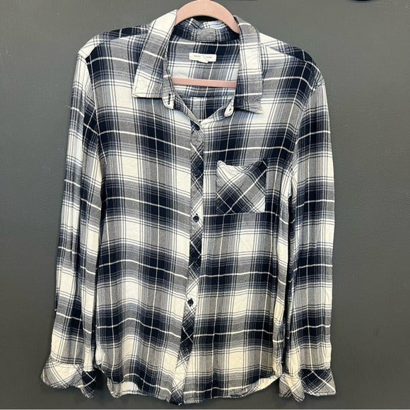 Beach Lunch Lounge Navy + White Butter Soft Plaid Button Down Top Large