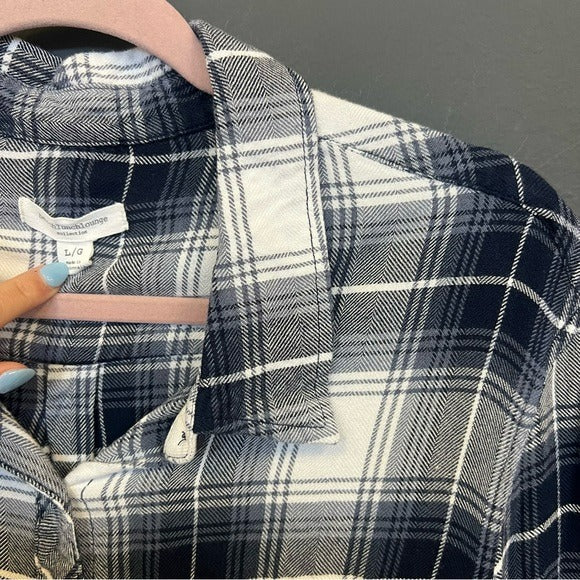 Beach Lunch Lounge Navy + White Butter Soft Plaid Button Down Top Large