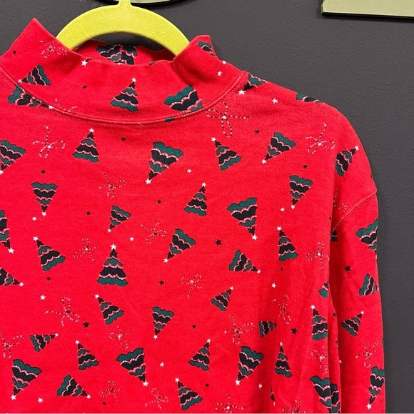 Holiday Christmas Tree Long Sleeve Red Turtleneck Top Size XL