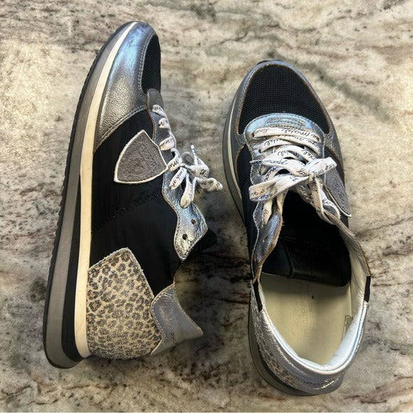 Phillipe Model Paris TRPX Leather Black Low Top Sneakers Leopard Print Size 39
