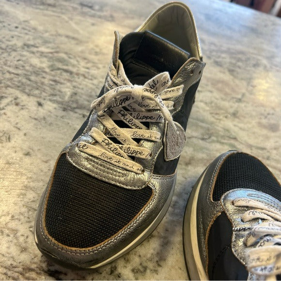 Phillipe Model Paris TRPX Leather Black Low Top Sneakers Leopard Print Size 39