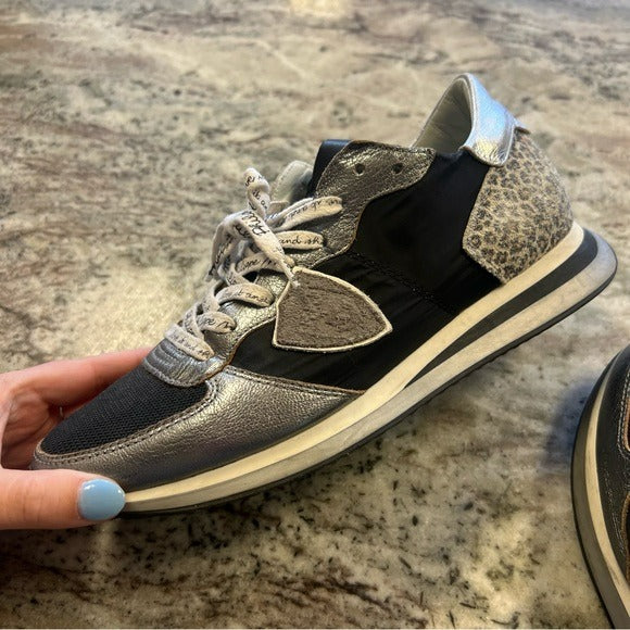 Phillipe Model Paris TRPX Leather Black Low Top Sneakers Leopard Print Size 39