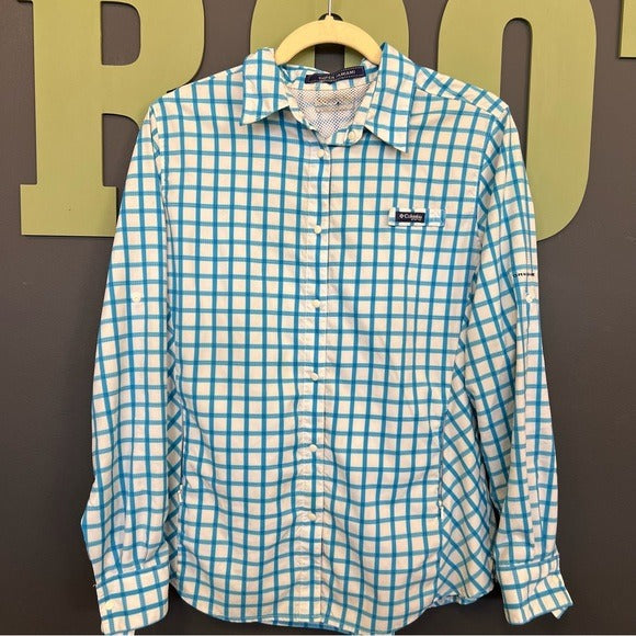 Columbia PFG Blue Checkered Button Down Shirt L