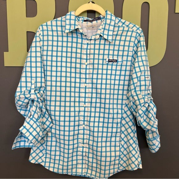 Columbia PFG Blue Checkered Button Down Shirt L