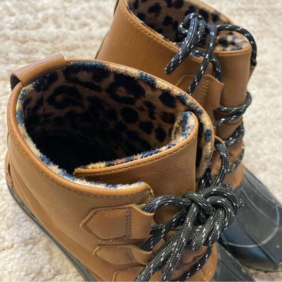 Tan + Black w Leopard Lining Winter Snow/Rain Boots Size 7