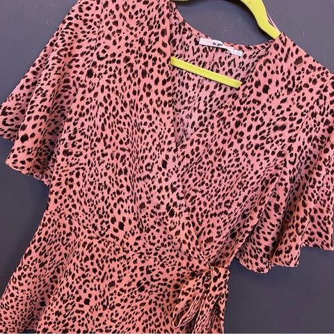 Cheetah Print Flutter Sleeve Wrap Blouse Small