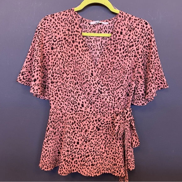 Cheetah Print Flutter Sleeve Wrap Blouse Small