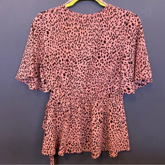 Cheetah Print Flutter Sleeve Wrap Blouse Small