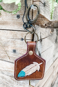 Blue Feather Quill Leather Key Fob