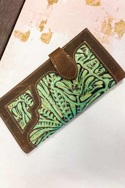 Metallic Green Tooled Leather Wallet