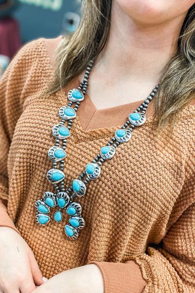 Turquoise Gem Stone Squash Blossom Necklace