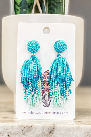 Pom Pom Seed Bead Earrings - Turquoise